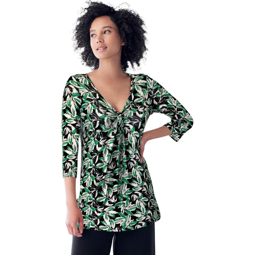 image:imageellos Plus Size Stretch Knit VNeck 34 Sleeve Knot Front TunicBlack Green Leaf Print