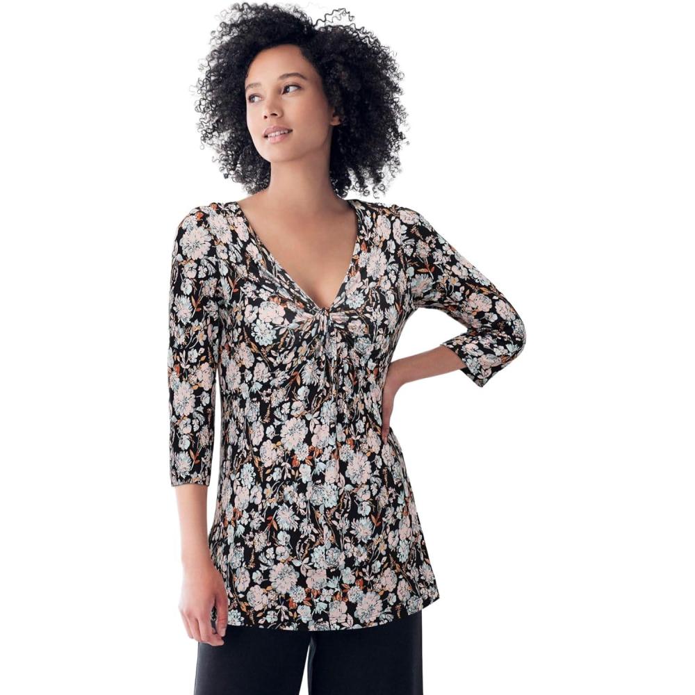 image:imageellos Plus Size Stretch Knit VNeck 34 Sleeve Knot Front TunicBlack Pink Floral