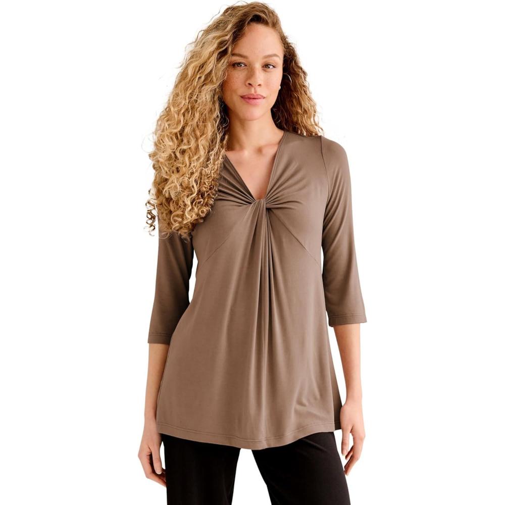 image:imageellos Plus Size Stretch Knit VNeck 34 Sleeve Knot Front TunicDark Taupe
