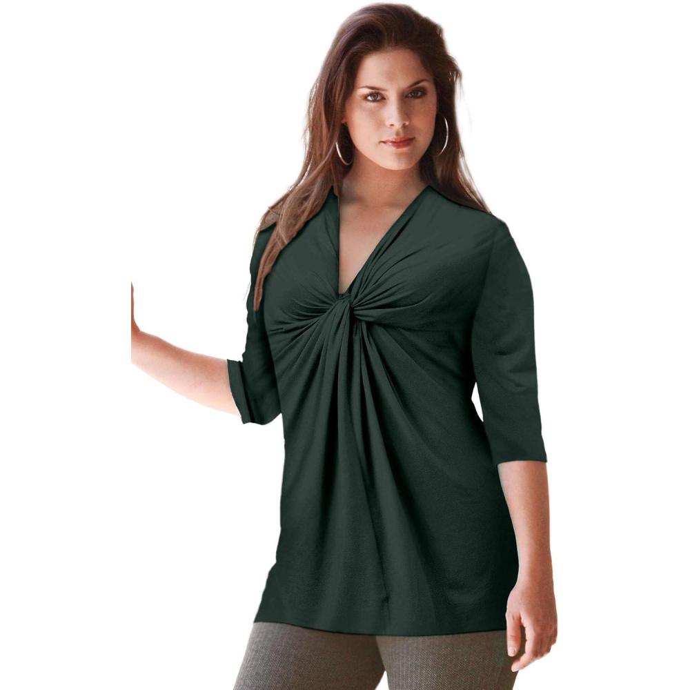 image:imageellos Plus Size Stretch Knit VNeck 34 Sleeve Knot Front TunicDeep Emerald