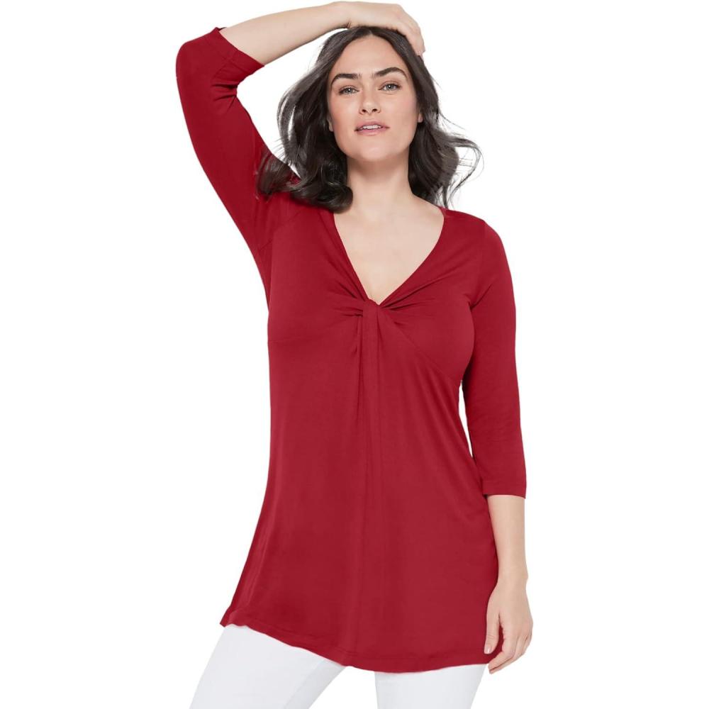 image:imageellos Plus Size Stretch Knit VNeck 34 Sleeve Knot Front TunicRich Red