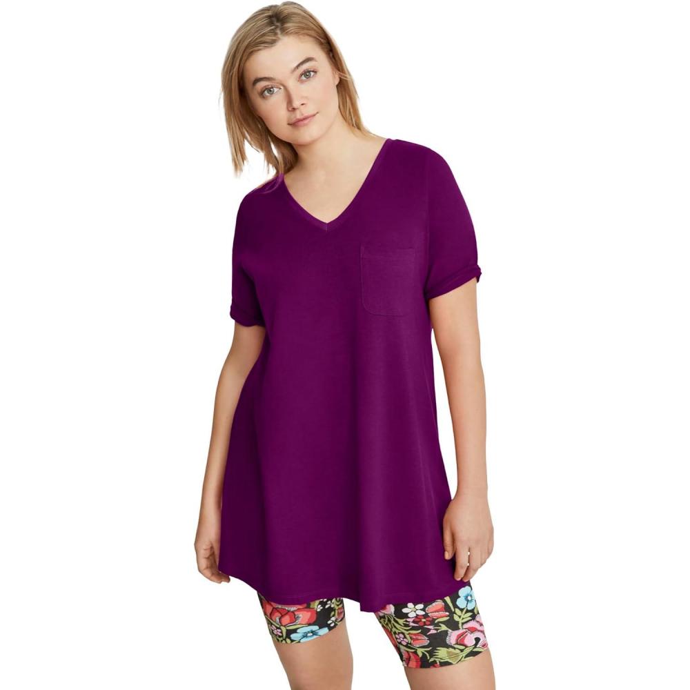 image:imageellos Plus Size Stretch Knit VNeck Short Sleeve Chest Pocket TunicBoysenberry