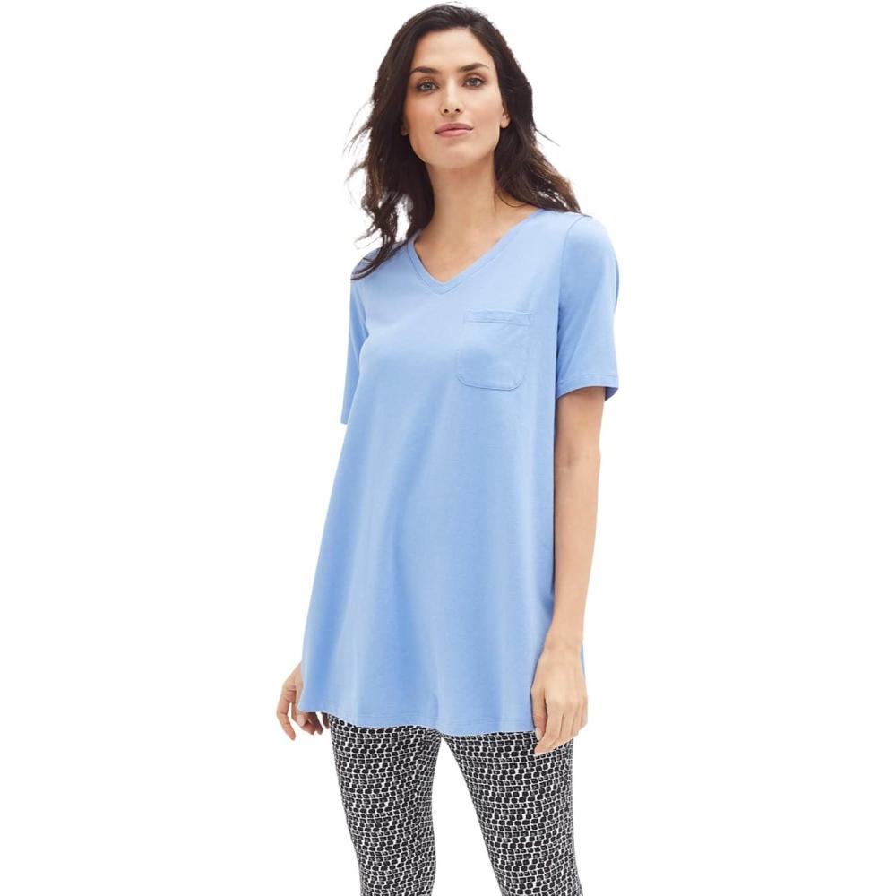 image:imageellos Plus Size Stretch Knit VNeck Short Sleeve Chest Pocket TunicFrench Blue