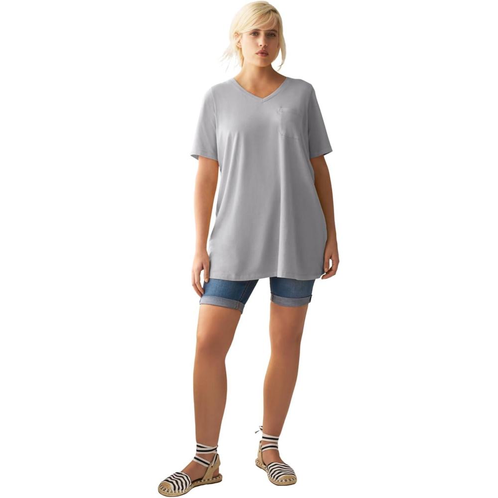 image:imageellos Plus Size Stretch Knit VNeck Short Sleeve Chest Pocket TunicHeather Grey