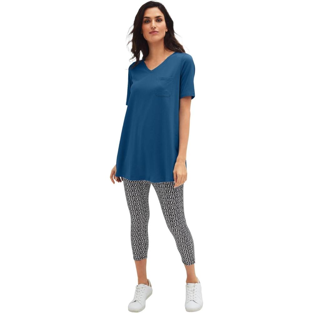 image:imageellos Plus Size Stretch Knit VNeck Short Sleeve Chest Pocket TunicMarine Blue