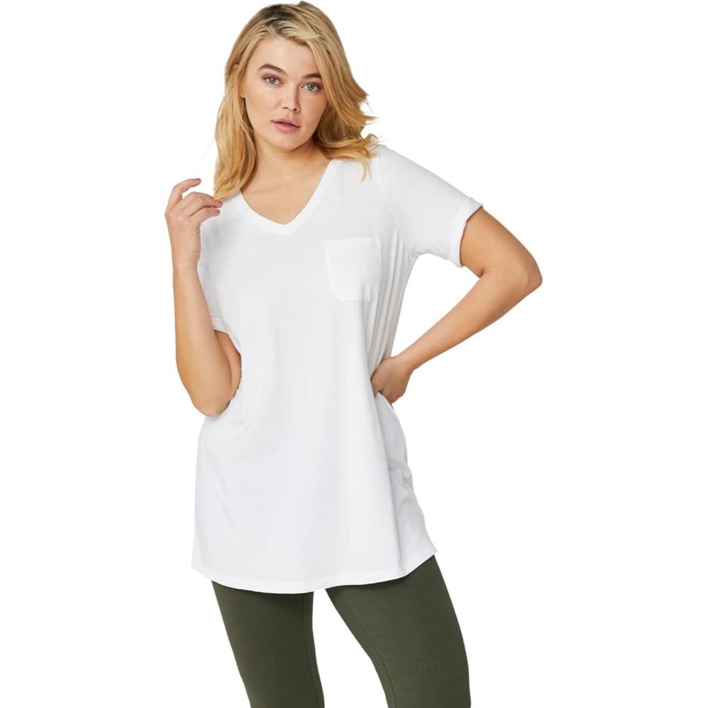 image:imageellos Plus Size Stretch Knit VNeck Short Sleeve Chest Pocket TunicWhite