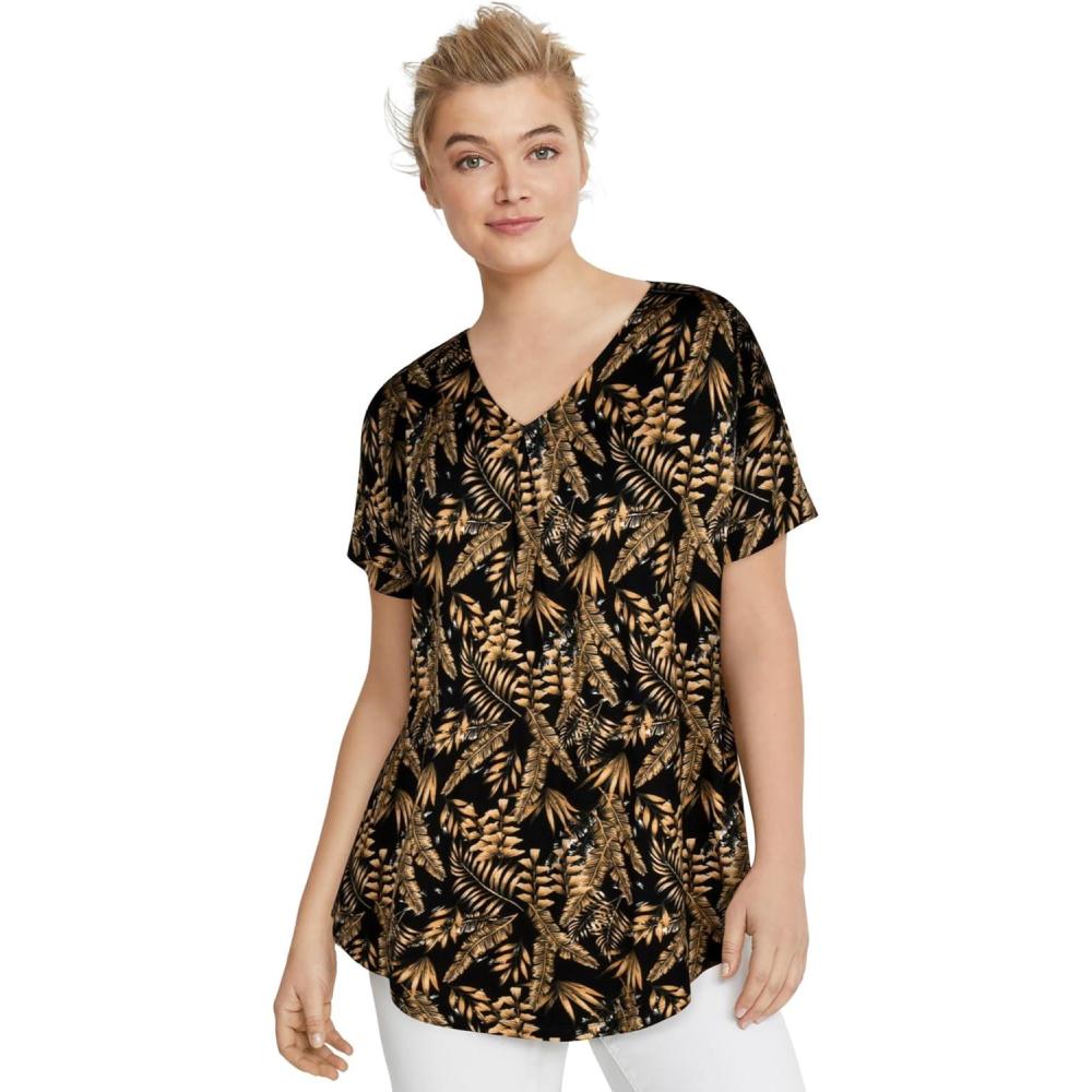 image:imageellos Plus Size Stretch Knit VNeck Short Sleeve Inverted Pleat TunicBlack Camel Leaf
