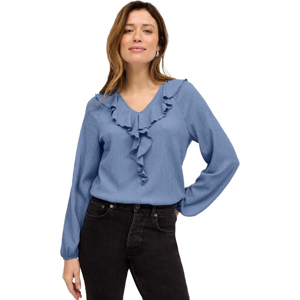 image:imageellos Plus Size Stretch Textured Knit VNeck Ruffle Front TopPale Indigo