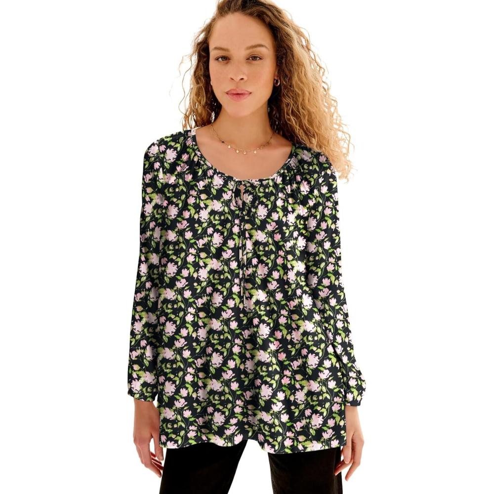 image:imageellos Plus Size Tie Neck Peasant TunicBlack Orchid Pink Floral