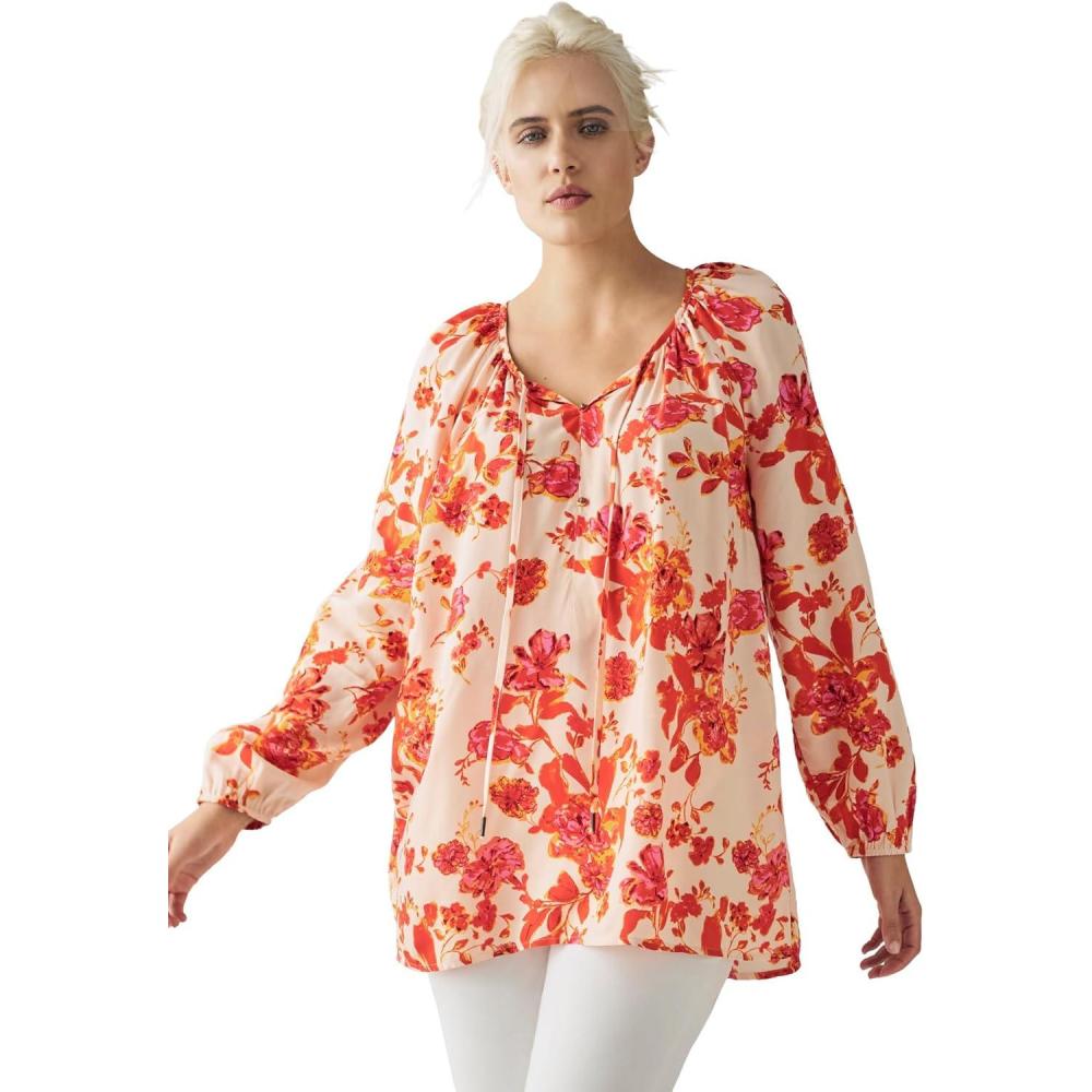 image:imageellos Plus Size Tie Neck Peasant TunicLight Coral Floral