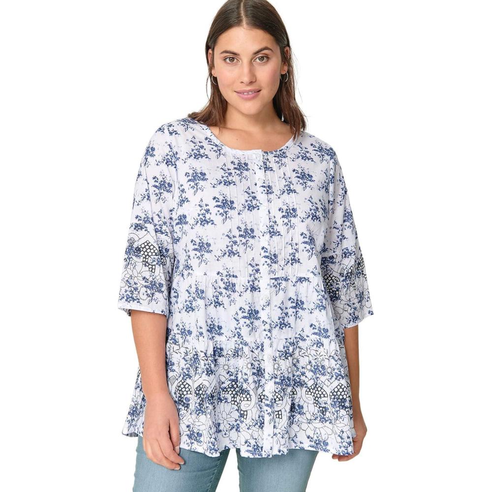image:imageellos Plus Size Tiered Floral 34 Sleeve TunicWhite Navy Print