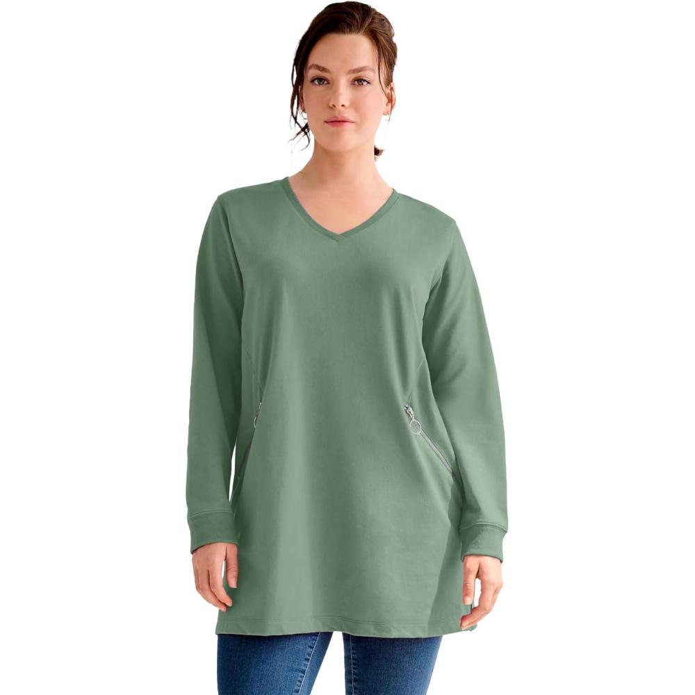 image:imageellos Plus Size Zip Pocket French Terry Sweatshirt TunicOlive Drab