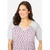 Woman Within Plus Size Elbow Sleeve V-Neck Baseball Tee(Heather Grey Ditsy)