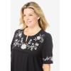 Woman Within Plus Size Embroidered Split-Neck Tunic(Black Vine Embroidery)
