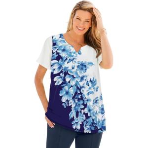 Woman Within Plus Size 7-Day Notch-Neck Tunic(Navy Diagonal Floral)