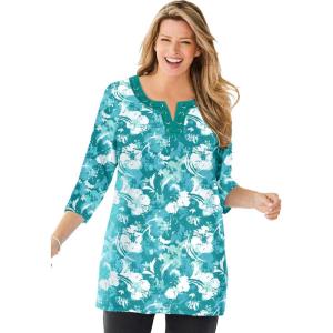 Woman Within Plus Size 7-Day Three-Quarter Sleeve Grommet Notch Tunic(Waterfall Graphic Floral)