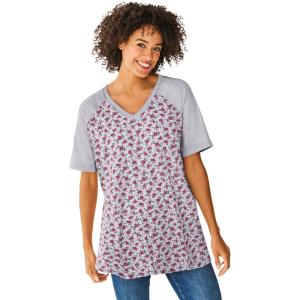 Woman Within Plus Size Elbow Sleeve V-Neck Baseball Tee(Heather Grey Ditsy)