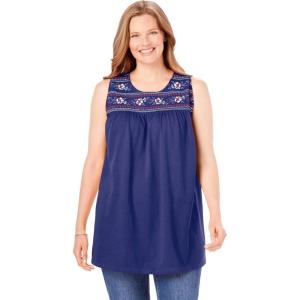 Woman Within Plus Size Embroidered Crewneck Tank(Evening Blue Embroidery)