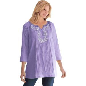 Woman Within Plus Size Embroidered Crinkle Tunic(Soft Iris Rose Embroidery)