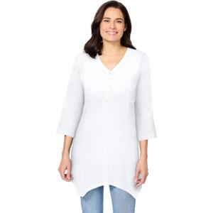 Woman Within Plus Size Handkerchief Hem Henley Tunic(White)