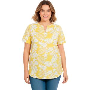 Woman Within Plus Size Notch-Neck Pocket Tee(Primrose Yellow Palms)