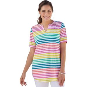 Woman Within Plus Size Notch-Neck Pocket Tee(White Colorful Stripe)