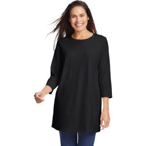 Woman Within Plus Size Perfect Three-Quarter Sleeve Crewneck Tunic(Black)