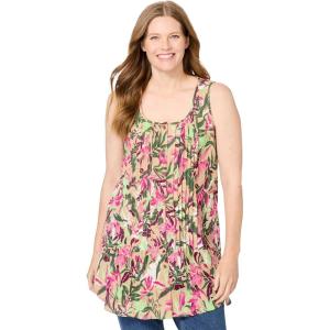 Woman Within Plus Size Sleeveless Pintuck Gauze Shirt(New Khaki Palm Leaf)