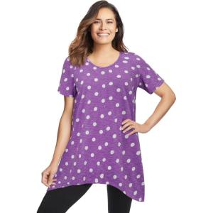 Woman Within Plus Size Textured Pointed Hem Tunic(Pretty Violet Dot)