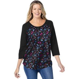 Woman Within Plus Size Three-Quarter Sleeve Baseball Tee(Black Raspberry Graphic Bloom)