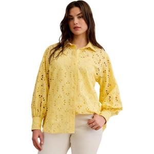 ellos Plus Size Eyelet Button Front Shirt with Blouson Sleeves(Butter)