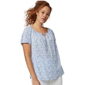 ellos Plus Size Keyhole Neckline Peasant Blouse(White Blue Print)