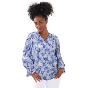 ellos Plus Size Keyhole Ruffle Trim Blouse(Blueberry Cream Floral)