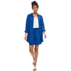 ellos Plus Size Oversized Linen-Blend Boyfriend Shirt(Dark Sapphire)