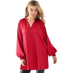 ellos Plus Size Satin V-Neck Tunic With Blouson Sleeves(Classic Red)