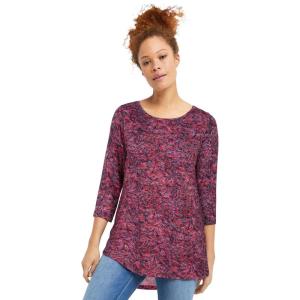 ellos Plus Size Stretch Knit Scoop Neck 3/4 Sleeve Curved Hem Tunic(Periwinkle Raspberry Floral)
