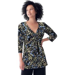 ellos Plus Size Stretch Knit V-Neck 3/4 Sleeve Knot Front Tunic(Black Abstract Dot)