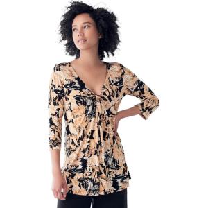 ellos Plus Size Stretch Knit V-Neck 3/4 Sleeve Knot Front Tunic(Black Neutral Floral)