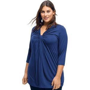 ellos Plus Size Stretch Knit V-Neck 3/4 Sleeve Knot Front Tunic(Twilight Blue)