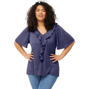ellos Plus Size Stretch Knit V-Neck Ruffle Front Tunic(Deep Dusk)