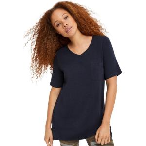 ellos Plus Size Stretch Knit V-Neck Short Sleeve Chest Pocket Tunic(Black)