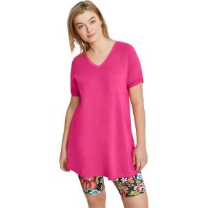 ellos Plus Size Stretch Knit V-Neck Short Sleeve Chest Pocket Tunic(Raspberry Sorbet)