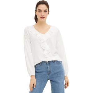 ellos Plus Size Stretch Textured Knit V-Neck Ruffle Front Top(White)