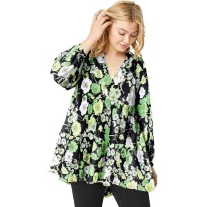 ellos Plus Size Tiered Tunic With Notch V-Neck(Black Green Floral)