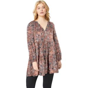 ellos Plus Size Tiered Tunic With Notch V-Neck(Rose Multi Print)