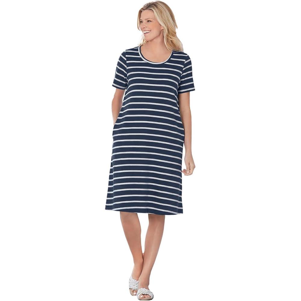 image:imageWoman Within Plus Size Perfect ShortSleeve Crewneck Tee DressNavy Stripe