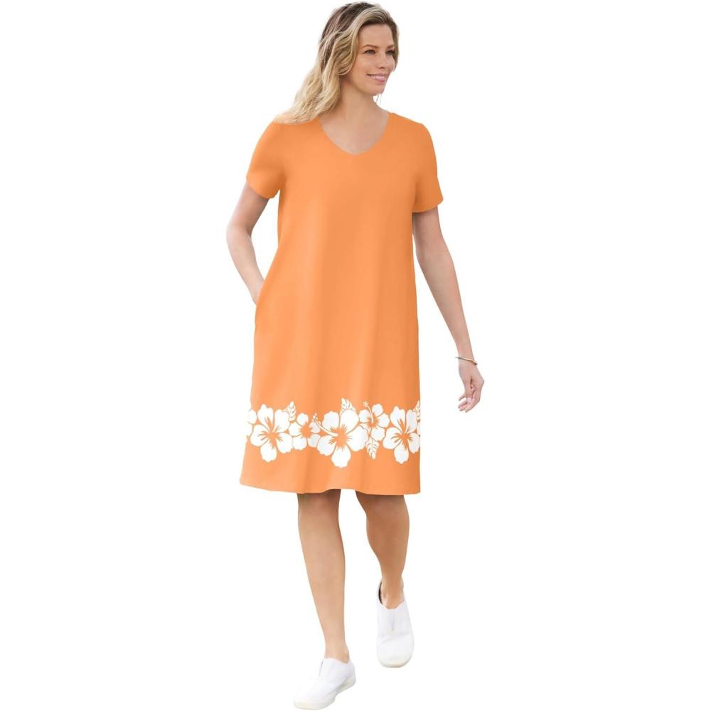 image:imageWoman Within Plus Size Perfect ShortSleeve VNeck Tee DressOrange Melon Hibiscus