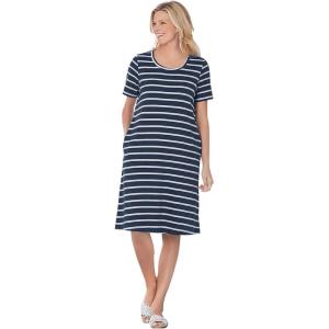 Woman Within Plus Size Perfect Short-Sleeve Crewneck Tee Dress(Navy Stripe)