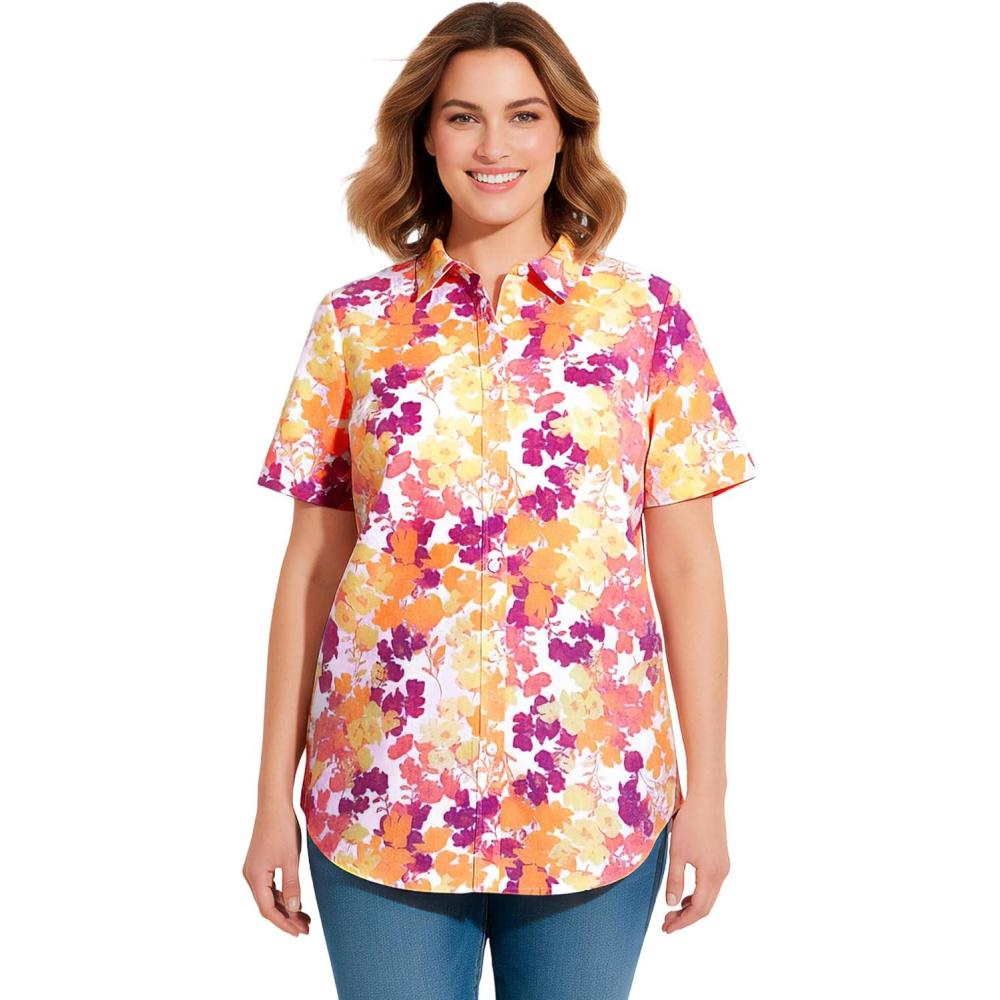 image:imageWoman Within Plus Size Perfect Short Sleeve ButtonDown Shirt Oversized Tunic BlouseSunshine Pop Floral