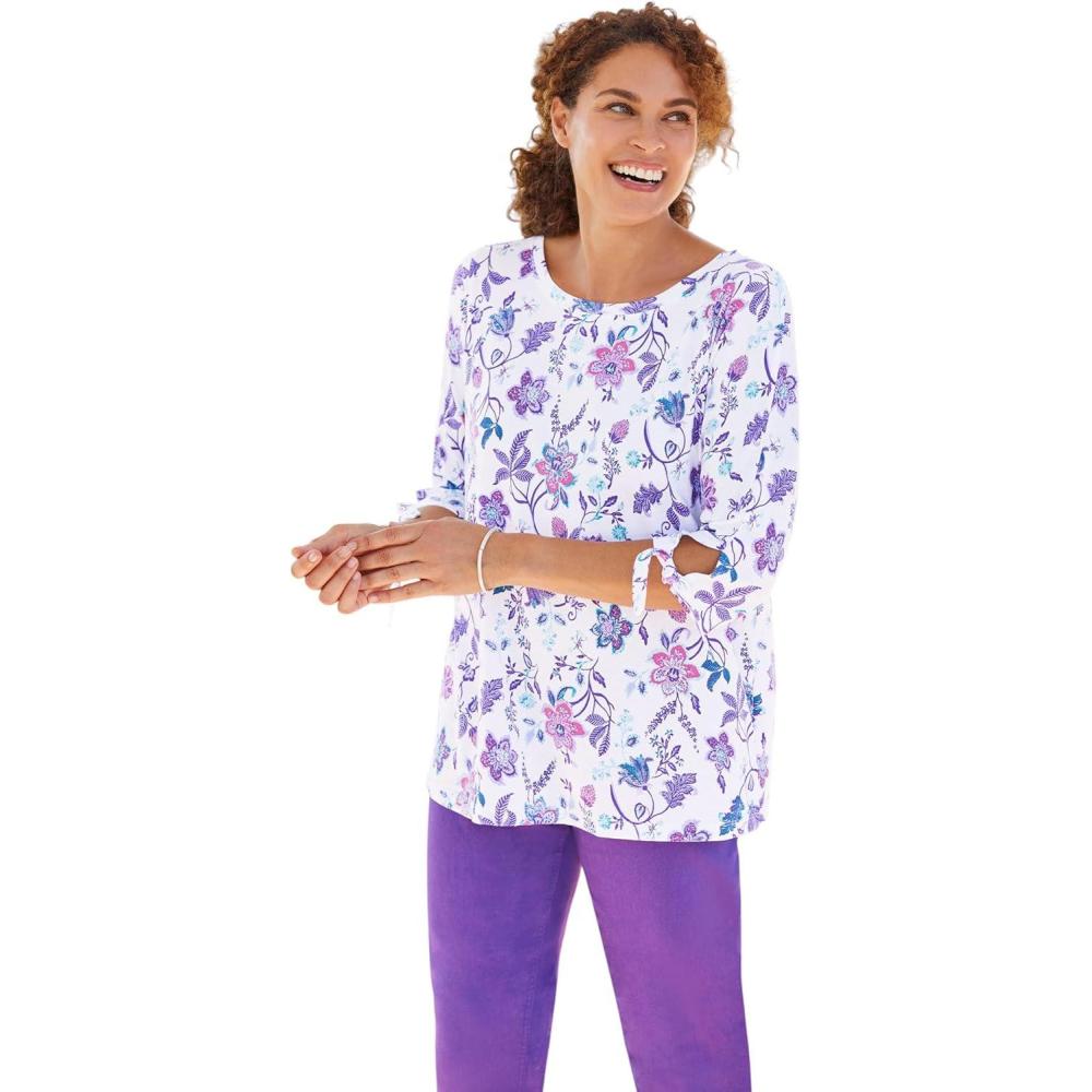 image:imageWoman Within Plus Size Perfect ThreeQuarter TieSleeve TeeWhite Jacquard Floral